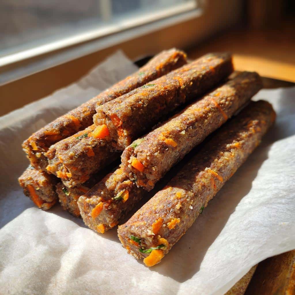 A stack of savory, brown Beef and Vegetable Chew Sticks featuring visible orange carrot pieces.