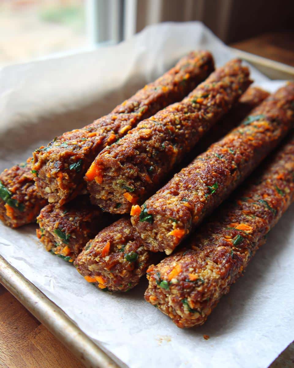 A stack of freshly made Beef and Vegetable Chew Sticks resting on parchment paper.