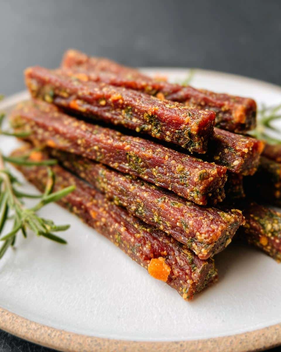 A stack of savory Beef and Vegetable Chew Sticks coated in herbs and spices, garnished with fresh rosemary.