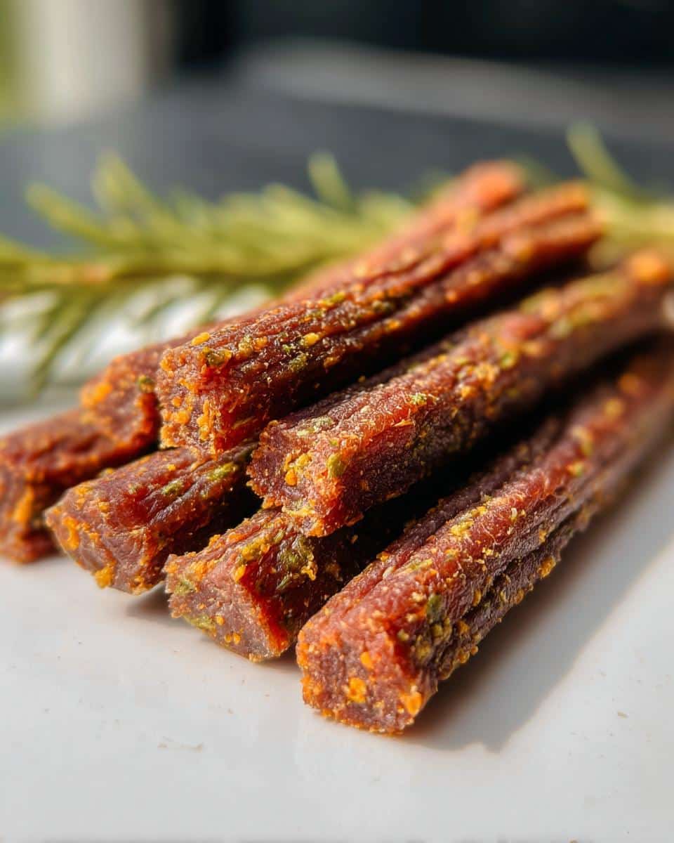 Close-up of stacked, seasoned Beef and Vegetable Chew Sticks garnished with herbs.