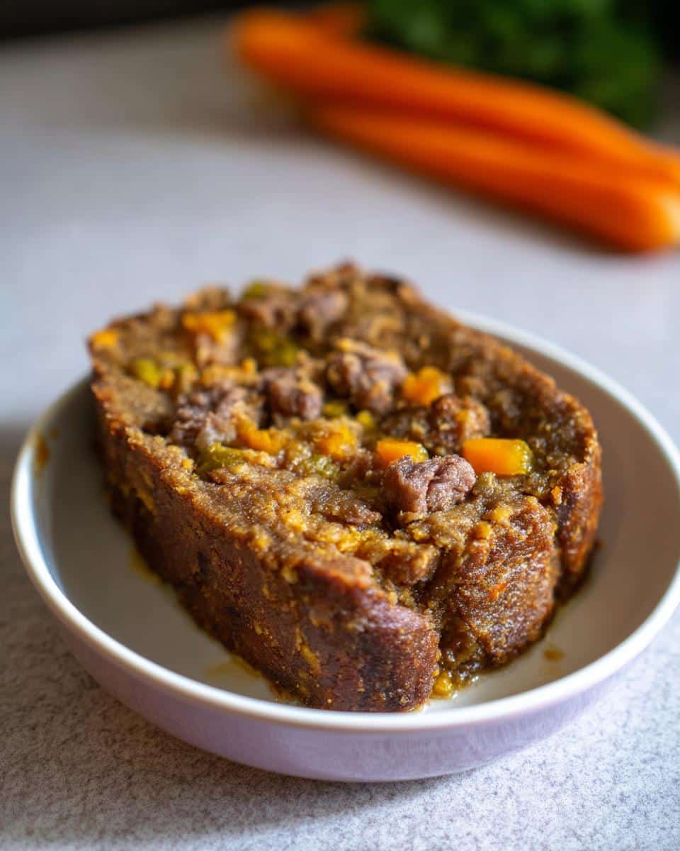 A thick slice of homemade beef and vegetable roll for dog served in a small bowl, with carrots visible in the background.