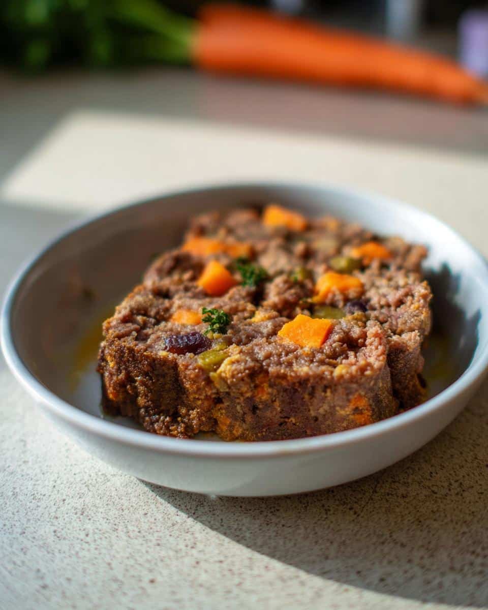 A slice of homemade beef and vegetable roll for dog, topped with visible carrot chunks, served in a light bowl.