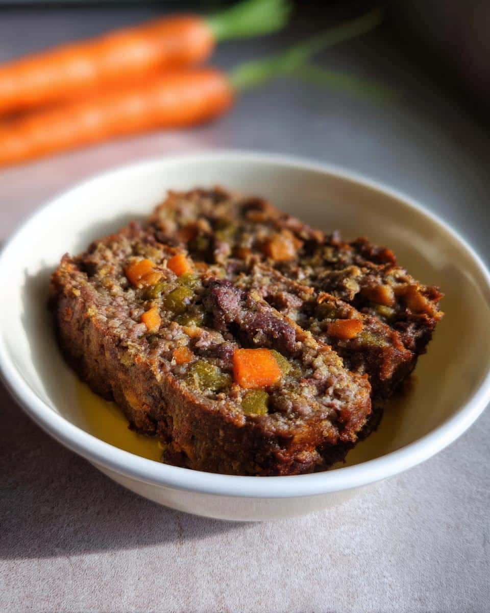 Two slices of homemade beef and vegetable roll for dog served in a white bowl, with carrots in the background.