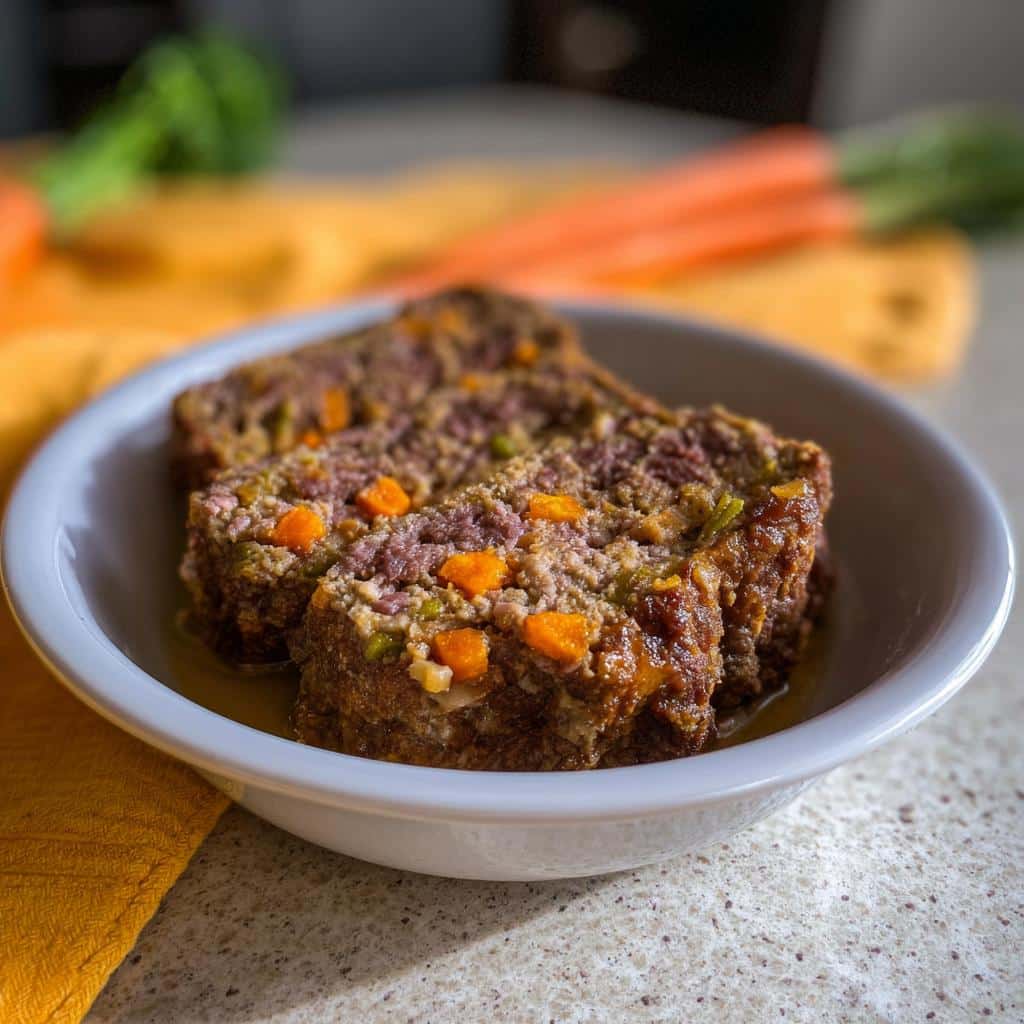Two slices of homemade beef and vegetable roll for dog served in a white bowl.