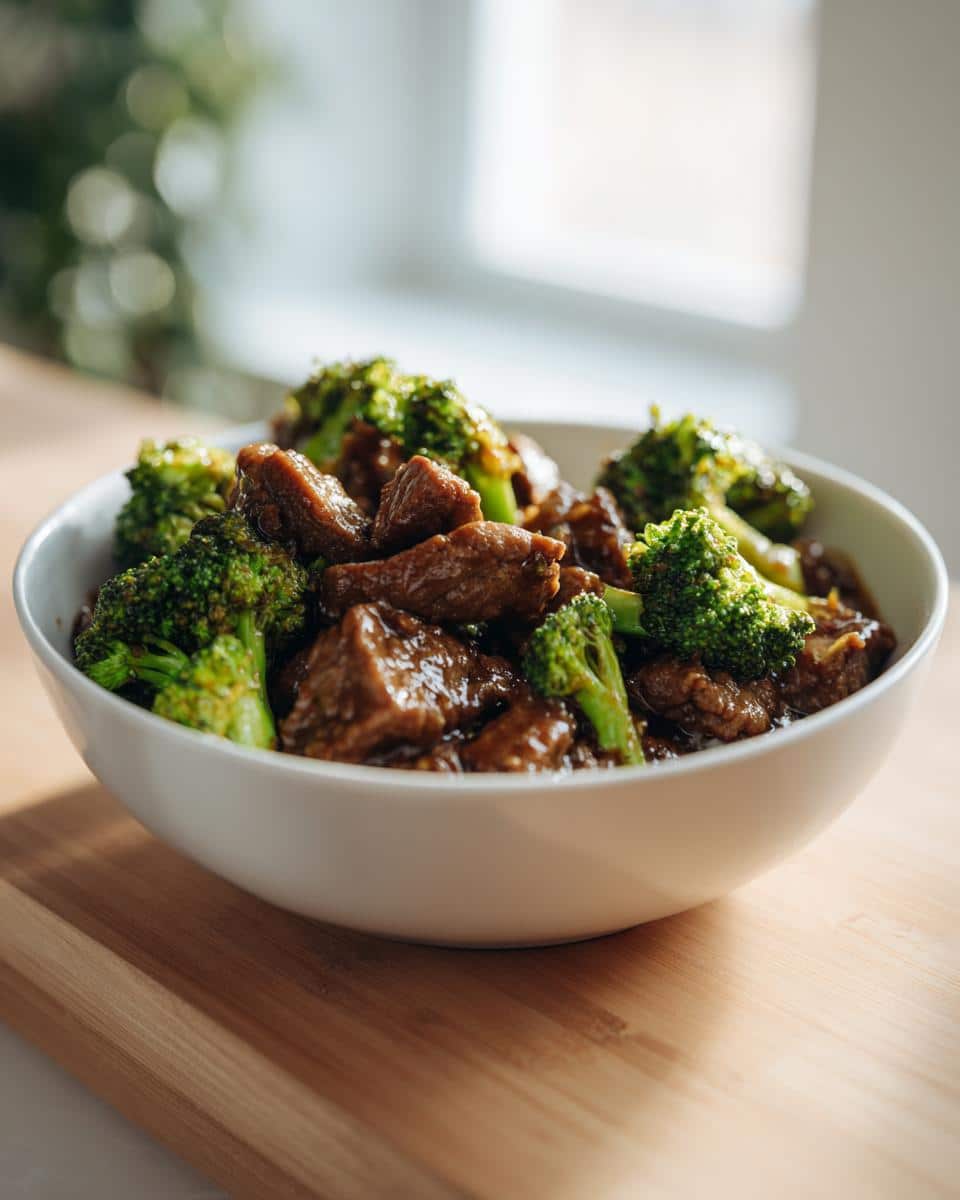Close-up of tender beef chunks and bright green broccoli florets coated in a savory sauce in a white bowl, featuring our Beef & broccoli stew.