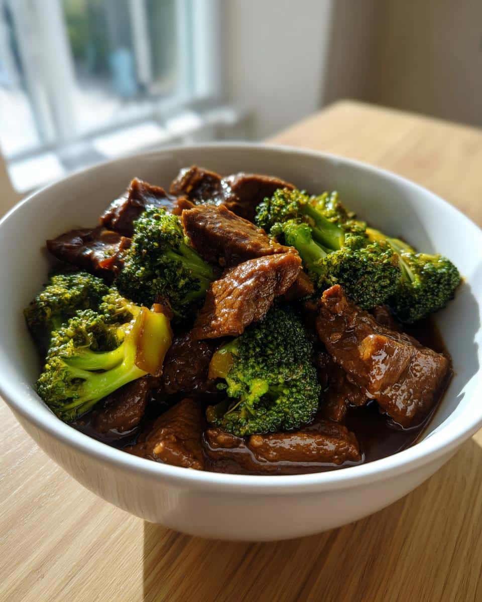Close-up of tender beef chunks and bright green broccoli florets coated in rich sauce for Beef & broccoli stew.