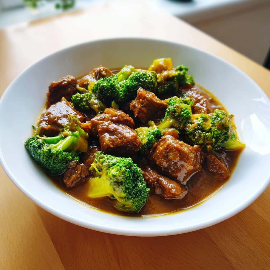 A close-up of hearty Beef & broccoli stew featuring tender beef chunks and bright green broccoli florets in a rich brown sauce.