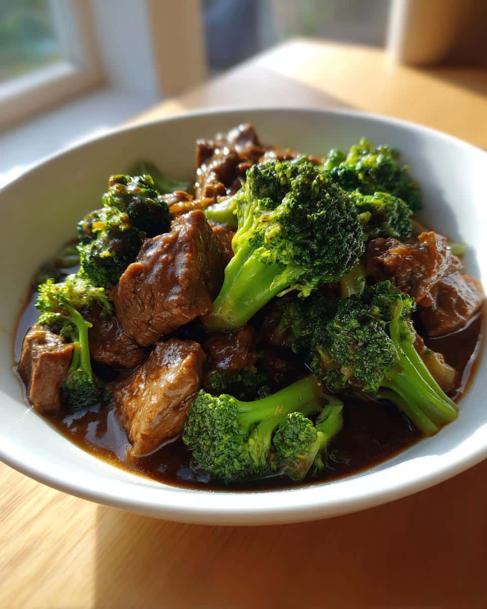 Close-up of tender chunks of beef and bright green broccoli florets coated in a rich brown sauce, served in a white bowl.