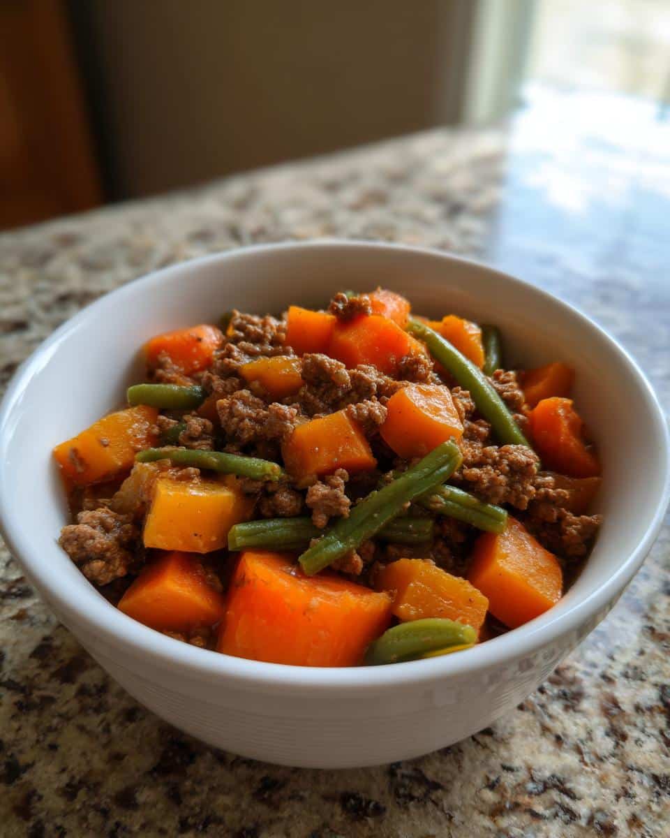 Close-up of a white bowl filled with homemade beef stew for dogs, featuring ground beef, bright orange sweet potatoes, and green beans.