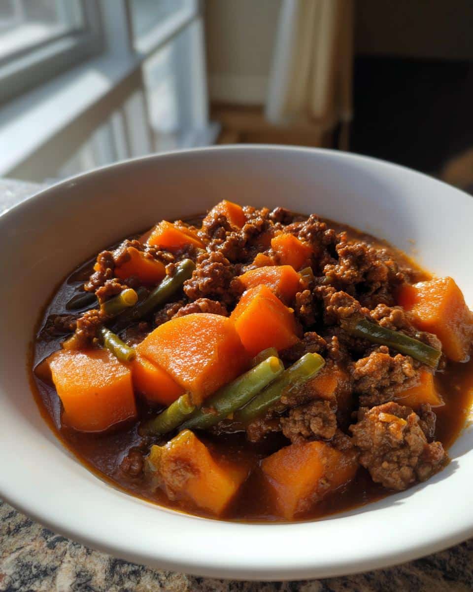 Close-up of homemade beef stew for dogs featuring ground beef, bright orange sweet potatoes, and green beans in a white bowl.