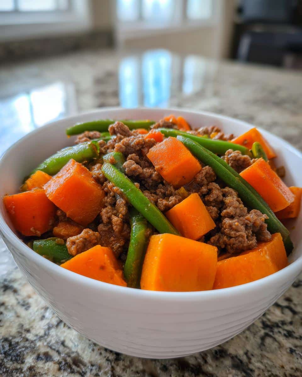 Close-up of homemade beef stew for dogs featuring ground beef, bright orange sweet potatoes, and green beans in a white bowl.
