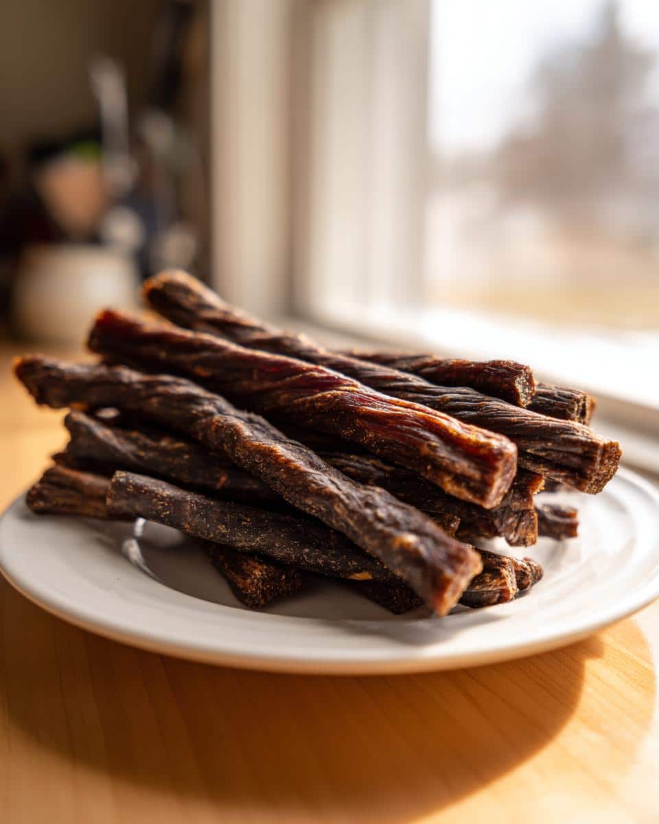 A stack of dark, twisted Beef & Sweet Potato Chews for Dogs resting on a small white plate near a bright window.