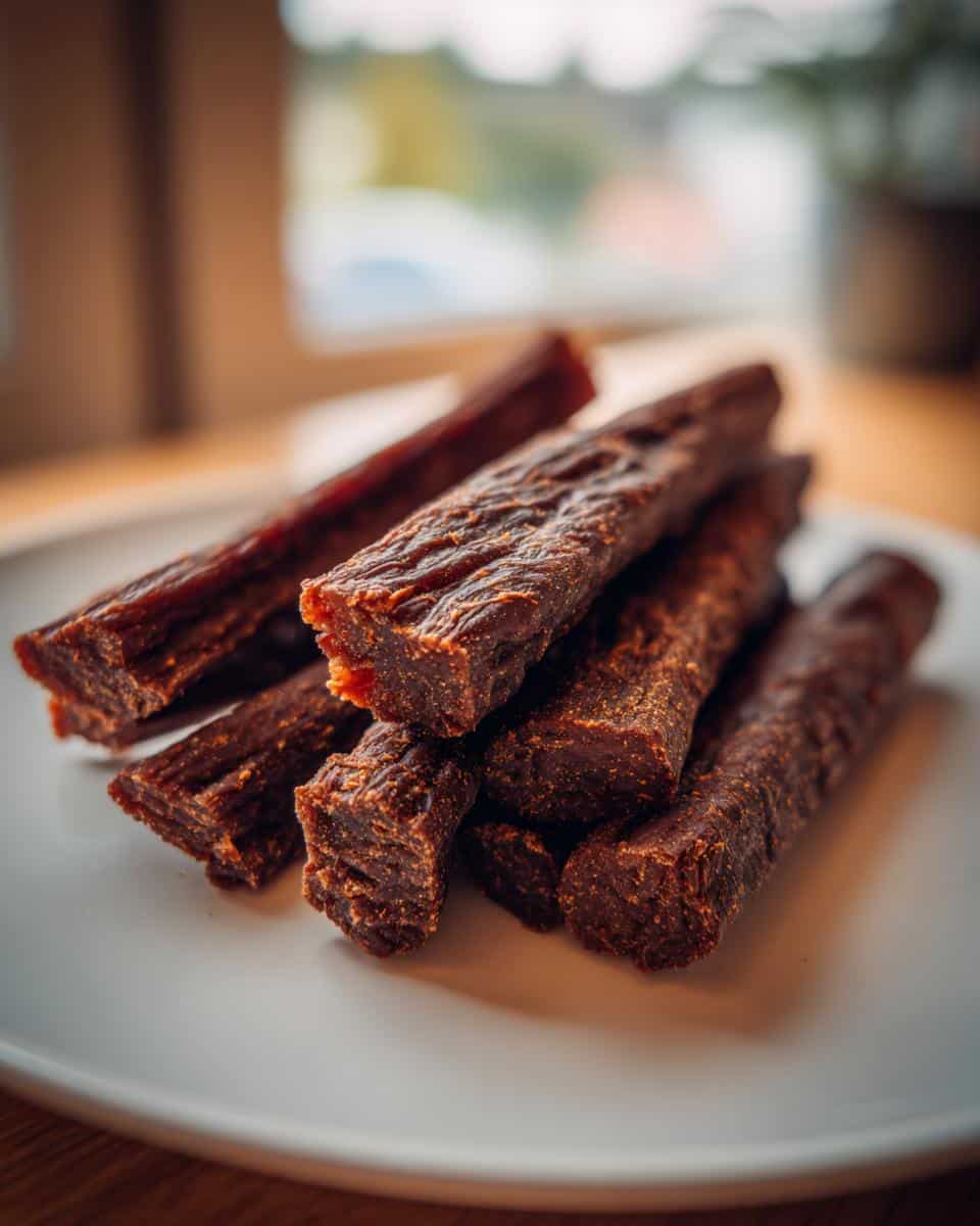 A close-up stack of dark brown, textured Beef & Sweet Potato Chews for Dogs on a white plate.