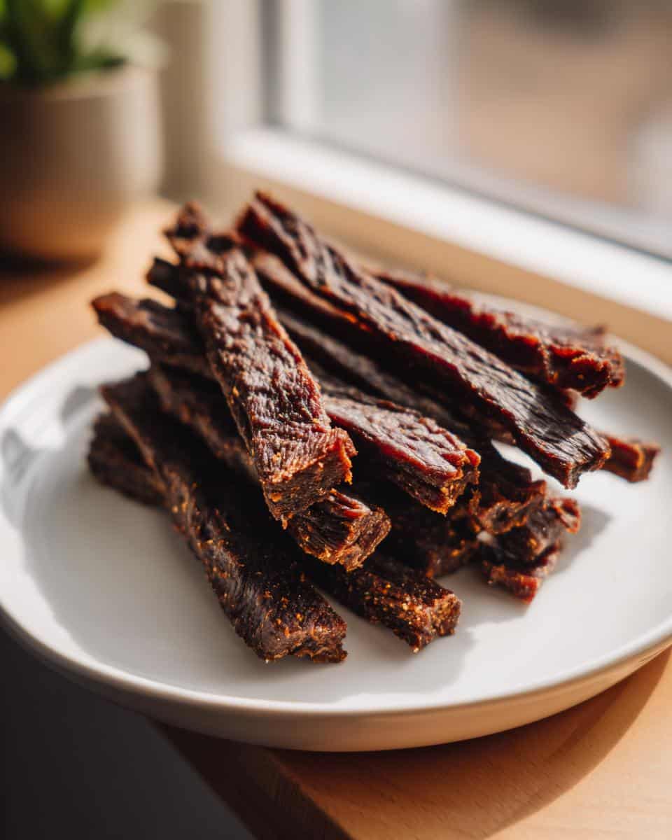 A stack of dark, chewy Beef & Sweet Potato Chews for Dogs resting on a white plate near a sunny window.