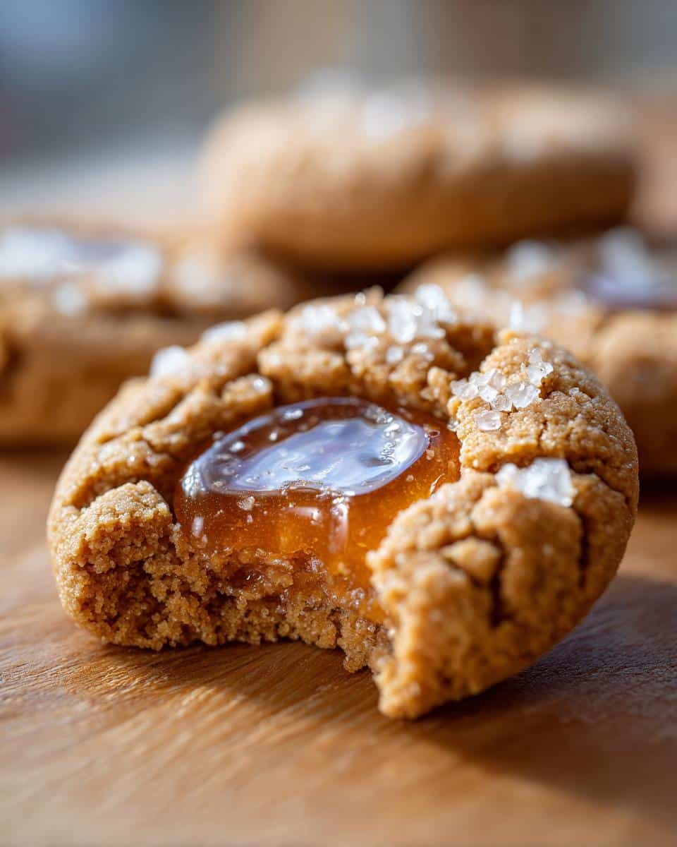Close-up of a bitten Snow Globe Cookies Dog treats showing a gooey caramel center and coarse salt topping.