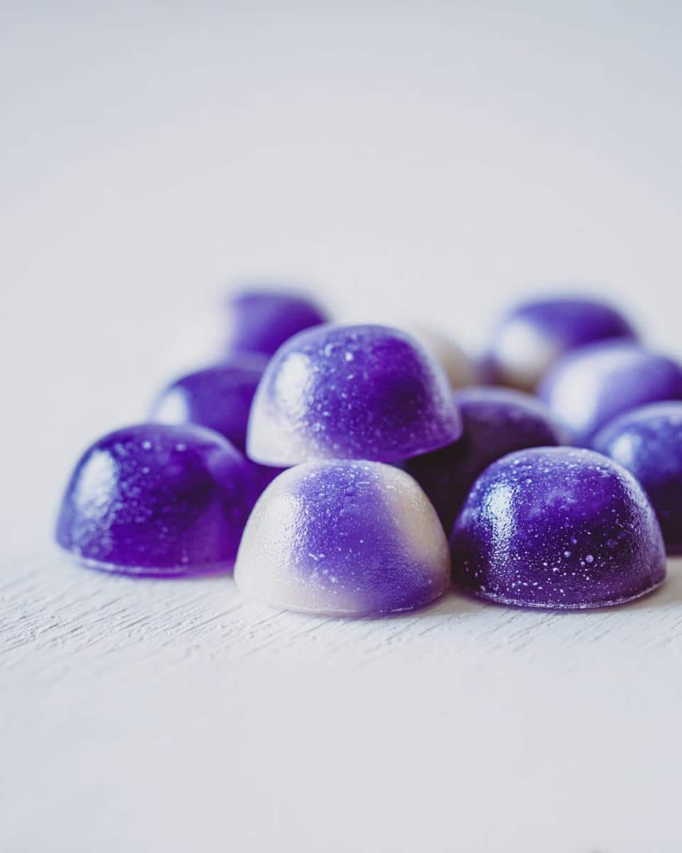 Close-up of shiny, dome-shaped blueberry and coconut gummies for dogs on a white surface.