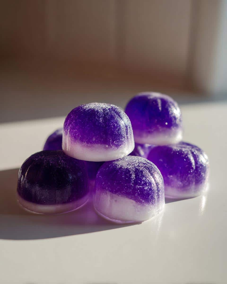 A small pile of vibrant purple and white layered blueberry and coconut gummies for dogs.