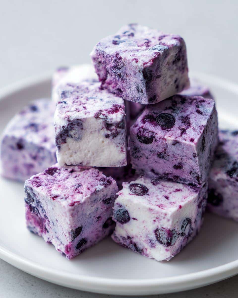 Close-up of stacked Blueberry Banana frosted dog cubes, showing purple blueberry swirls in the white frozen treat.