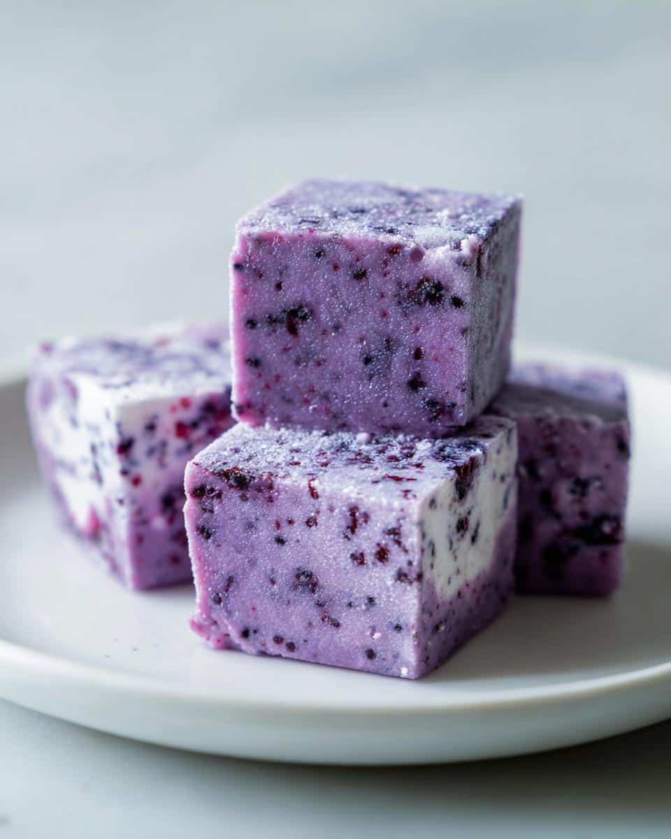 Four frozen, purple Blueberry Banana frosted dog cubes stacked on a white plate, speckled with blueberry pieces.