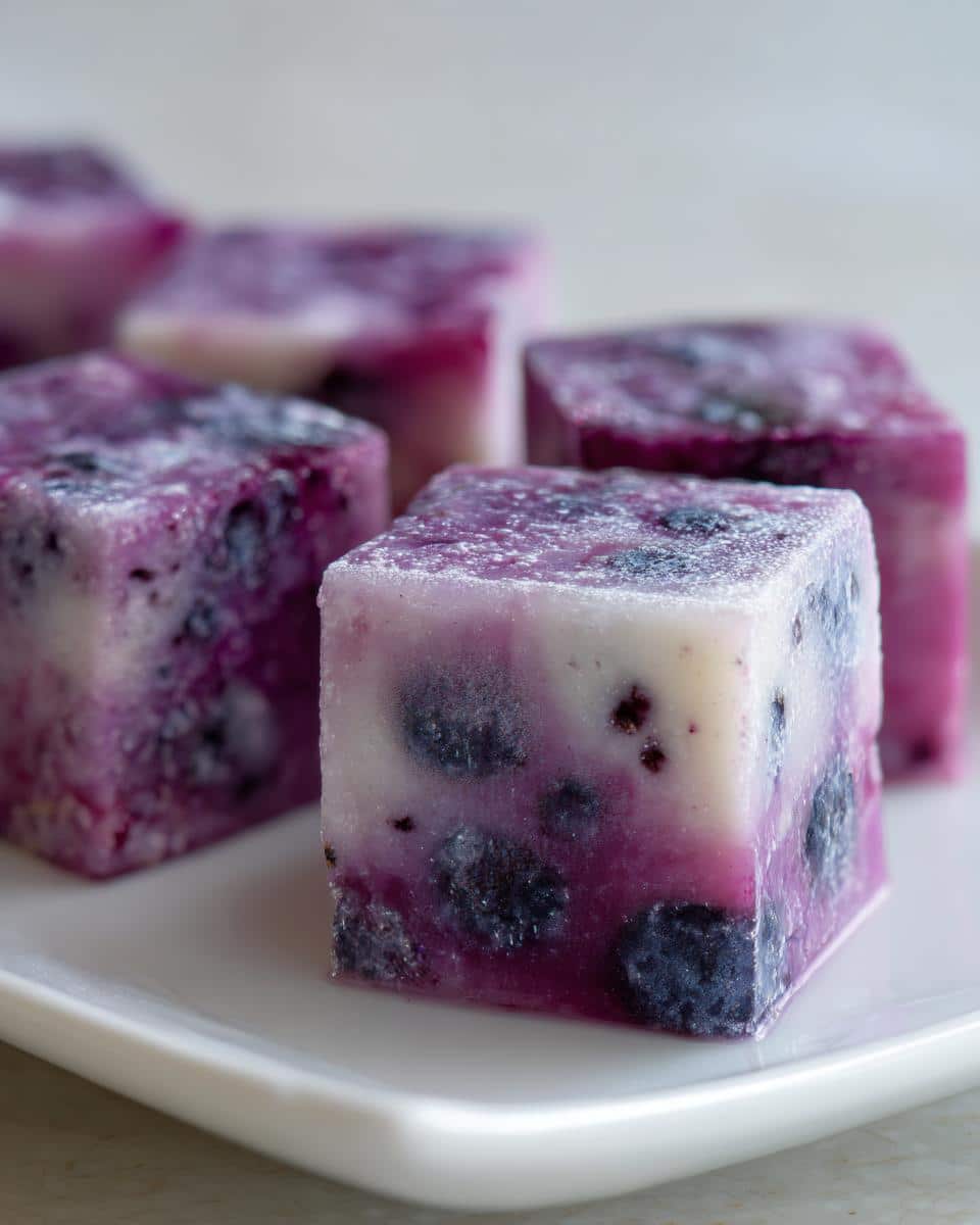 Close-up of several frozen Blueberry Banana frosted dog cubes with visible blueberries on a white dish.
