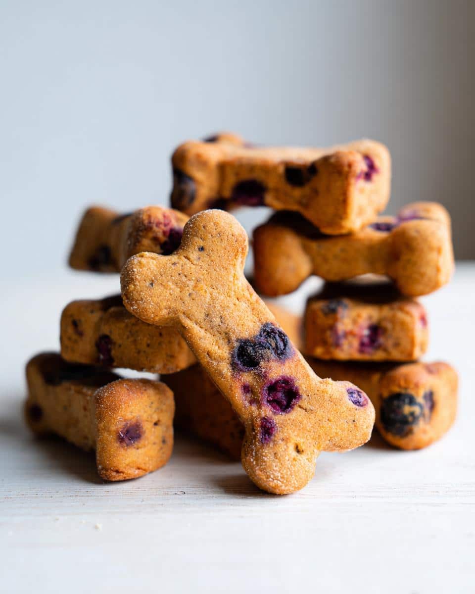 A stack of bone-shaped Blueberry Coconut Oil Dog Treats featuring visible pieces of dark blueberries.