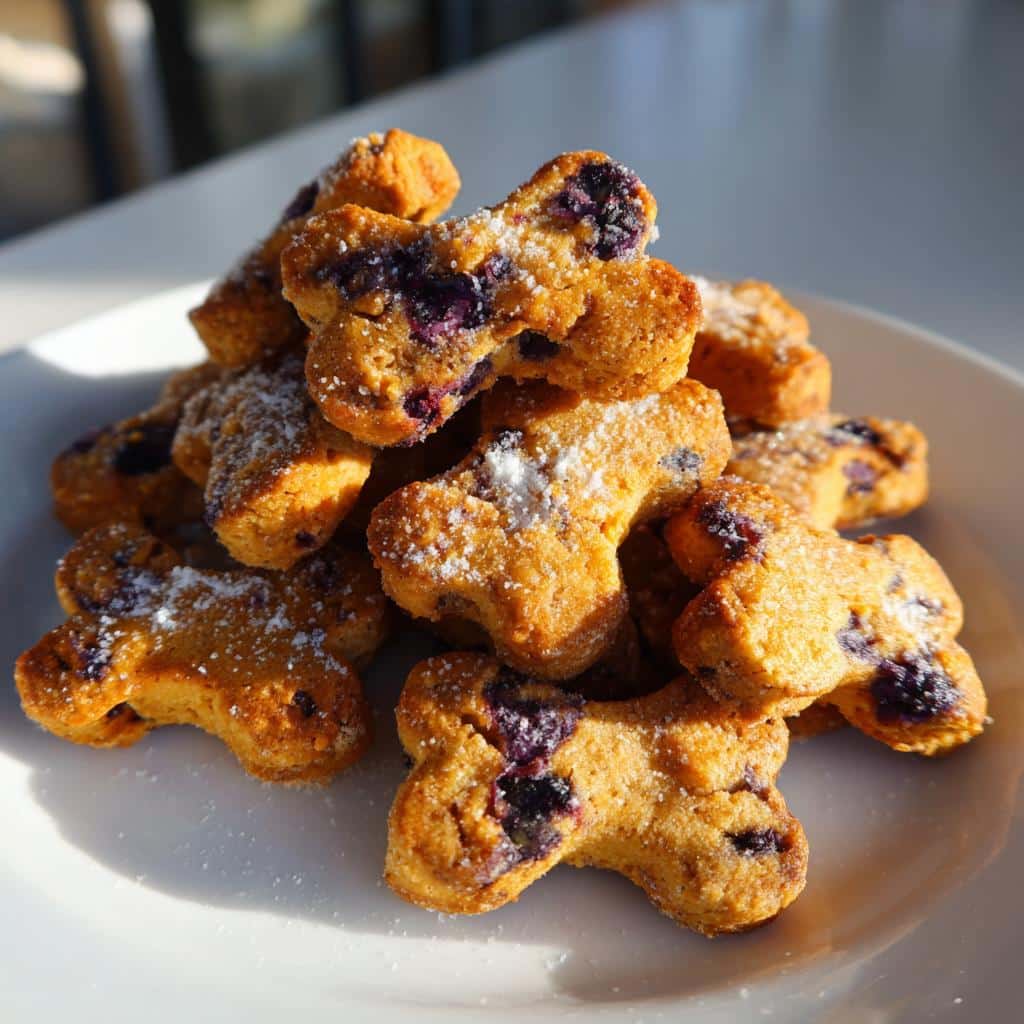 A pile of golden, bone-shaped Blueberry Coconut Oil Dog Treats dusted with powdered sugar on a white plate.