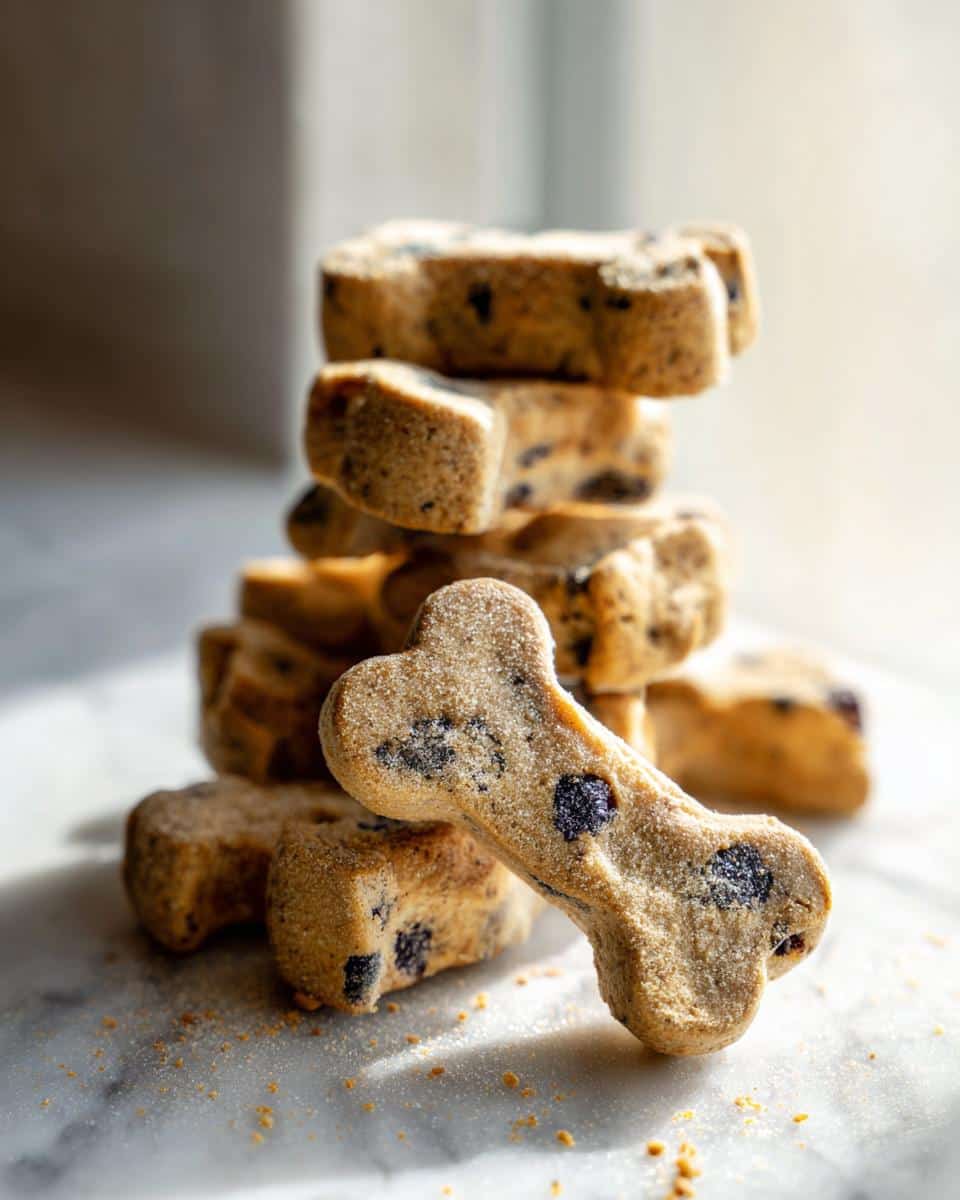 A stack of bone-shaped Blueberry Coconut Oil Dog Treats with one leaning against the pile.