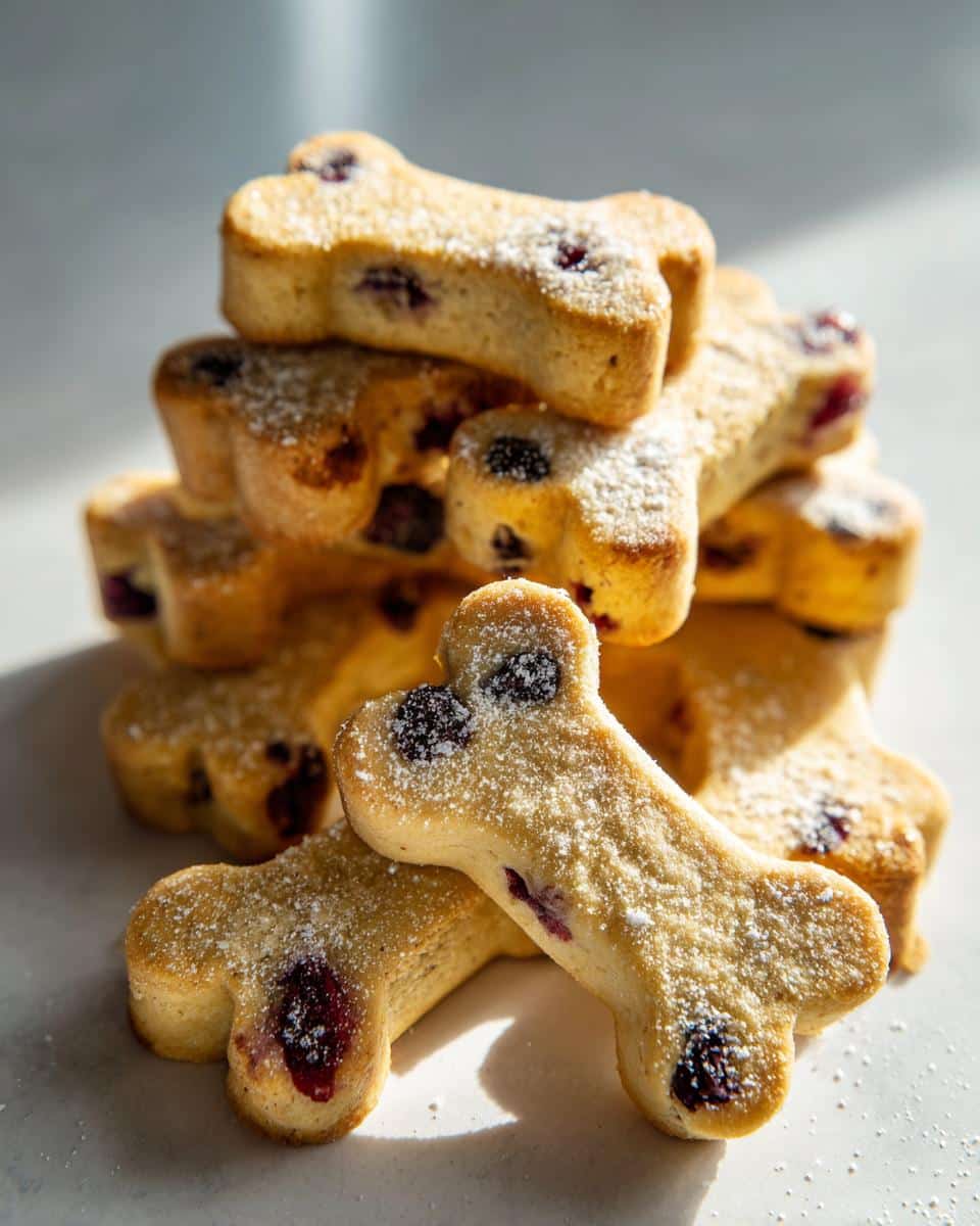 A stack of bone-shaped Blueberry Coconut Oil Dog Treats dusted with powdered sugar.