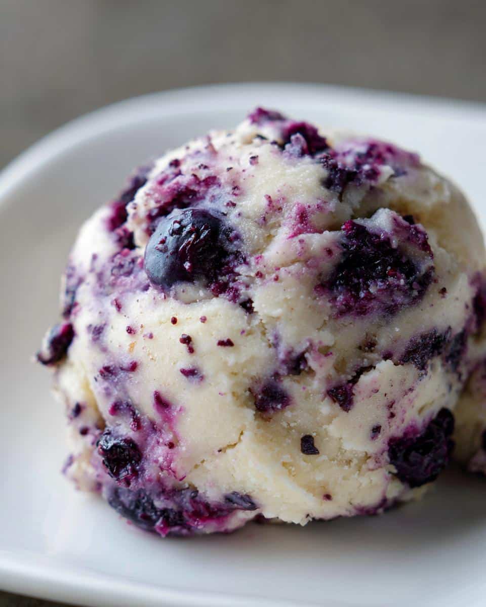Close-up of raw dough for Blueberry & Yogurt Cookies, showing chunks of purple blueberries mixed into the pale dough.