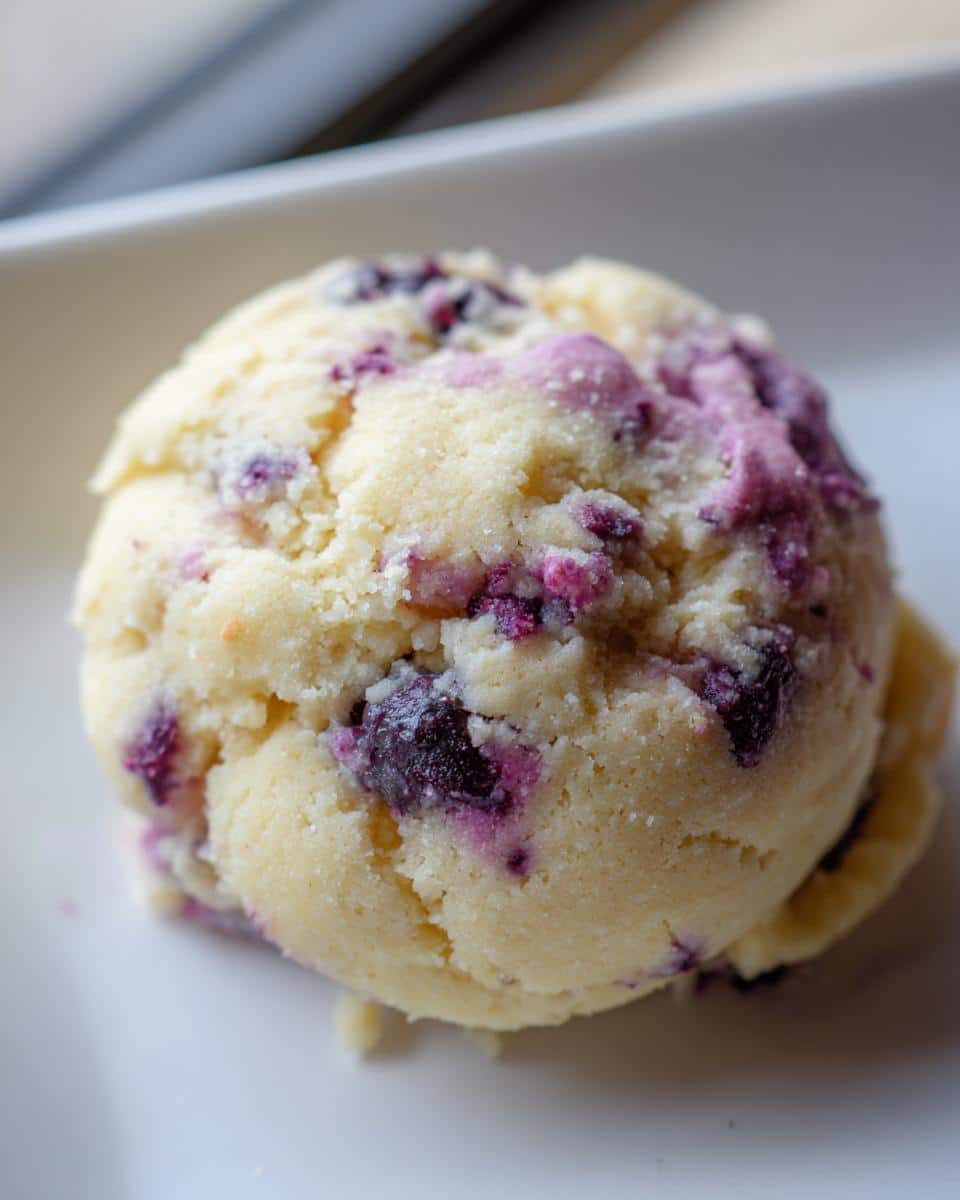 Close-up of a scoop of raw dough for Blueberry & Yogurt Cookies, studded with purple blueberries.