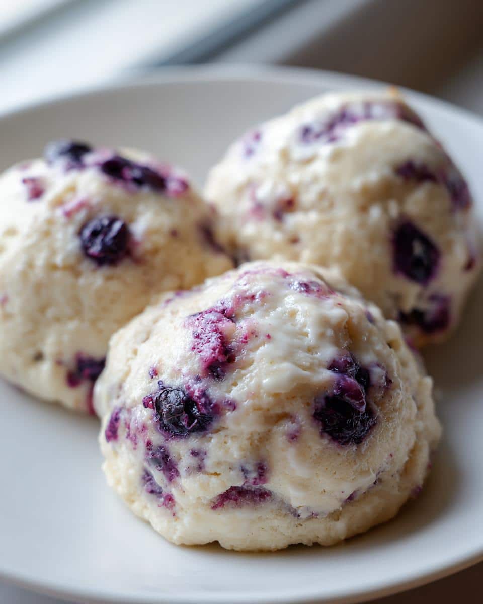 Close-up of three soft, round Blueberry & Yogurt Cookies dotted with purple blueberries on a white plate.