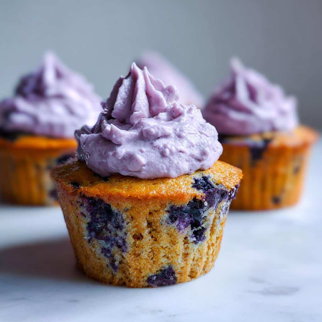 Close-up of a blueberry pupcake topped with purple yogurt frosting, part of the Sardine, Blueberry & Yogurt Pupcakes recipe.