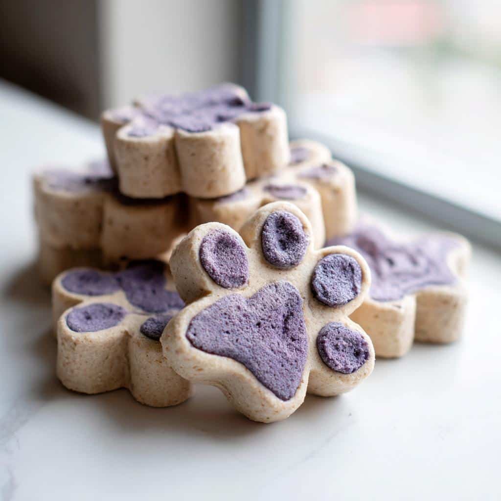 Close-up of homemade blueberry yogurt swirl dog paw treats stacked on a white marble surface.