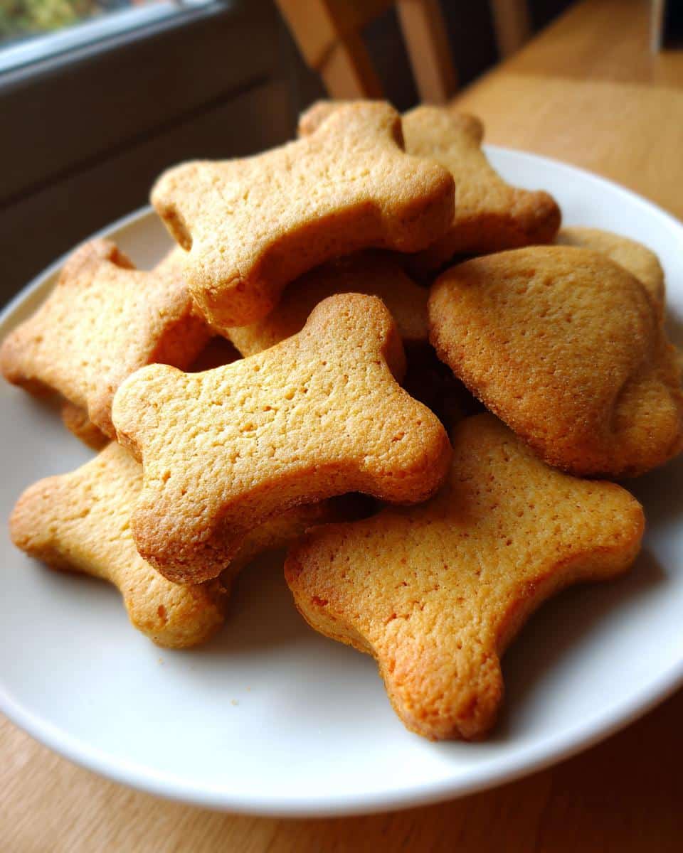 A close-up of several golden brown, bone-shaped chicken broth dog biscuit treats piled on a white plate.