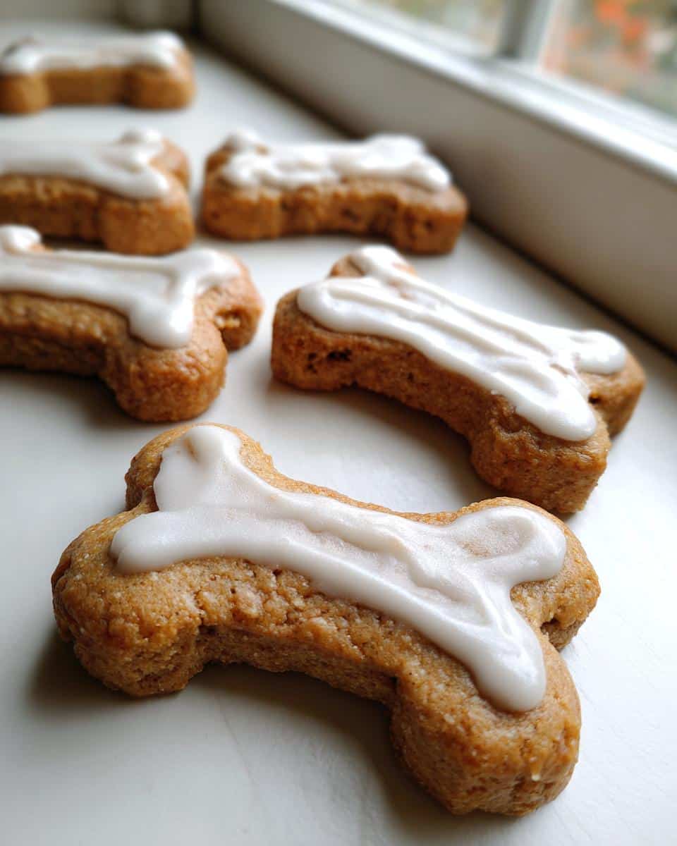 Close-up of several bone-shaped Christmas cookies for dogs, topped with white, slightly glossy icing.