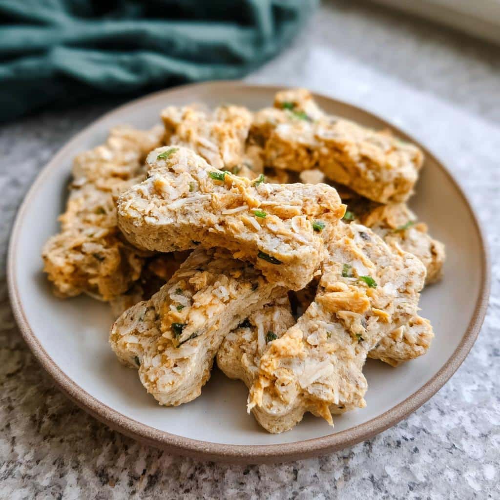 A pile of homemade, bone-shaped Dog Biscuit Recipes Chicken treats on a light plate.