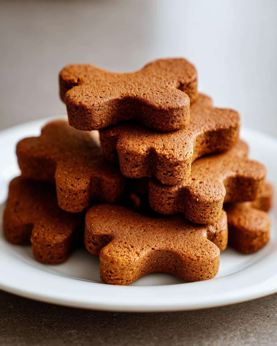 A close-up stack of freshly baked, bone-shaped Gingerbread Dog Cookies on a white plate.