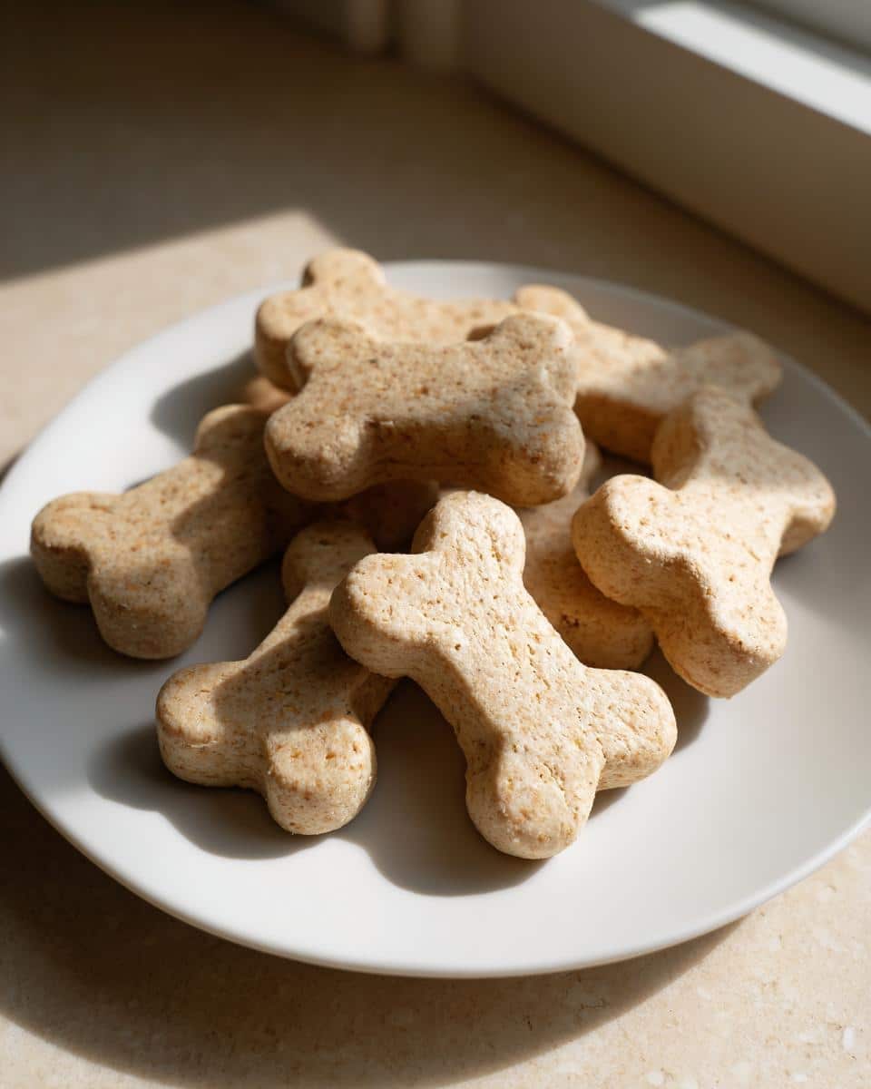 A pile of freshly baked, bone-shaped Greek Yogurt Dog Treats resting on a white plate near a window.