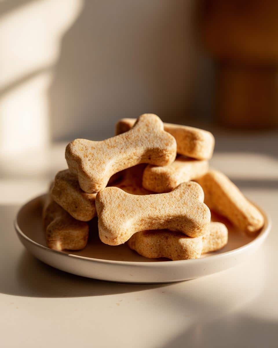 A close-up stack of homemade, bone-shaped Greek Yogurt Dog Treats resting on a small white plate.