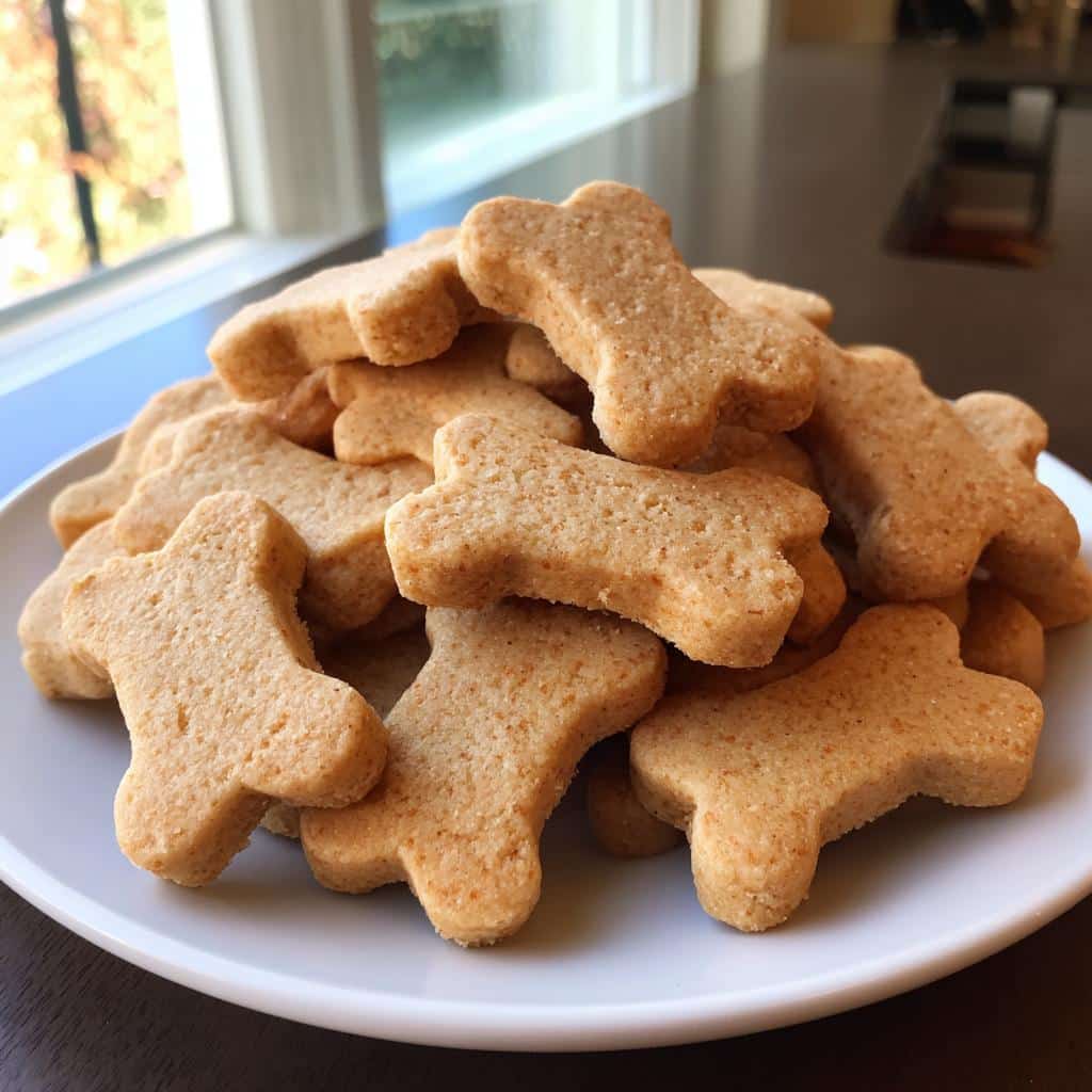 A white plate piled high with freshly baked, bone-shaped Homemade Dog Treats.