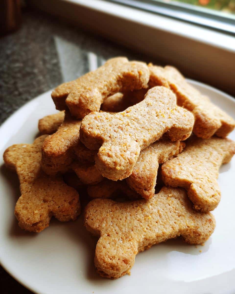 A close-up of many bone-shaped Homemade Dog Treats stacked on a white plate near a window.