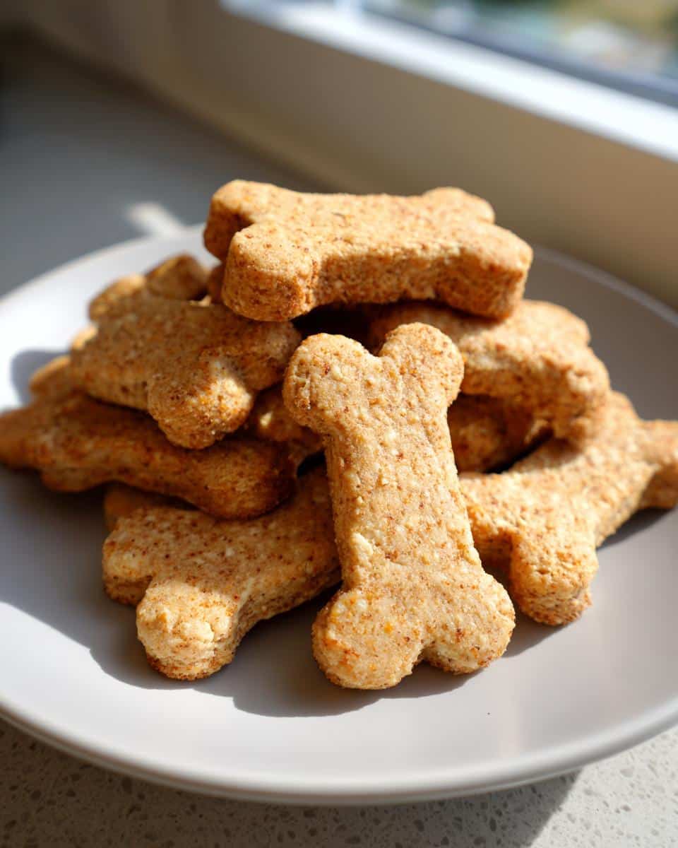 A stack of freshly baked, bone-shaped Homemade Dog Treats resting on a light gray plate near a window.