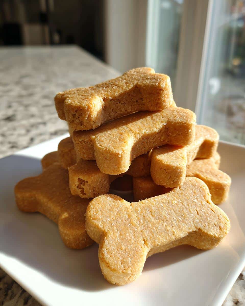 A stack of golden, bone-shaped Homemade Dog Treats resting on a white plate in bright sunlight.