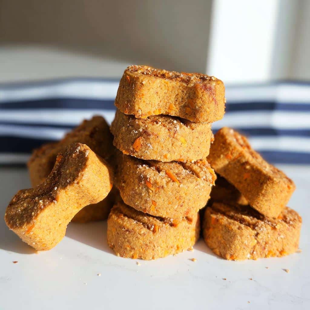 A stack of homemade, bone-shaped peanut butter dog treats with visible orange specks, likely carrots.