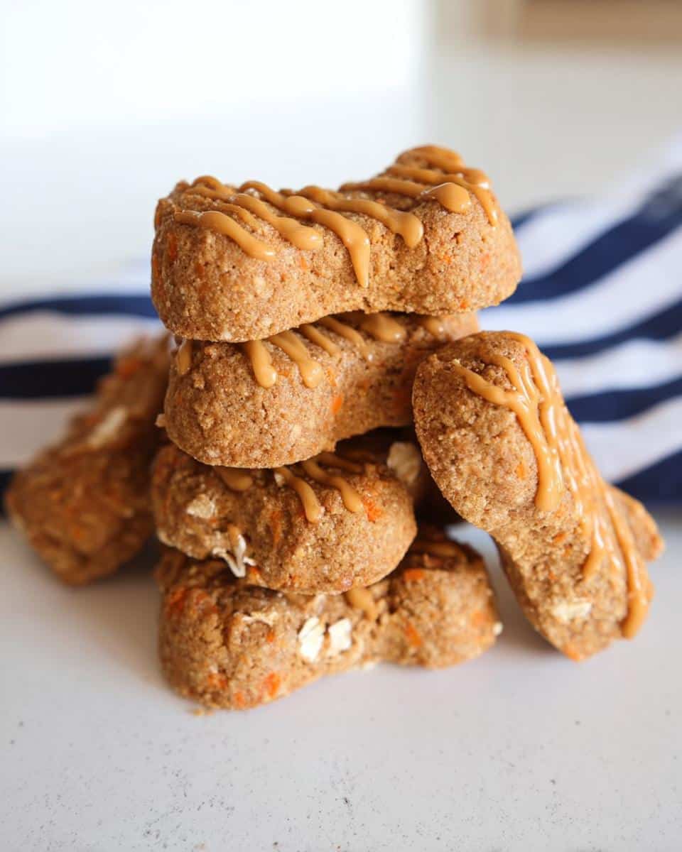 Stack of bone-shaped peanut butter dog treats drizzled with peanut butter frosting.