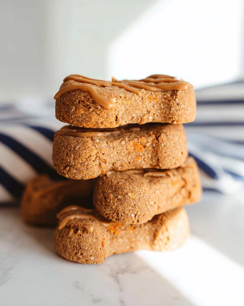 A stack of four homemade, bone-shaped peanut butter dog treats drizzled with peanut butter icing.