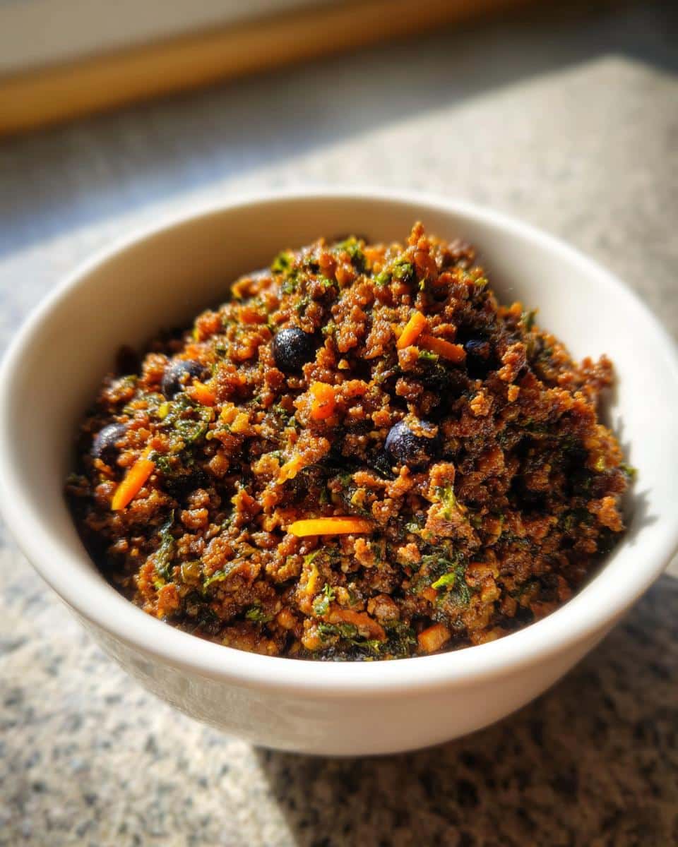 Close-up of a white bowl filled with a mixture of ground meat, shredded carrots, greens, and blueberries for raw dog food recipes.