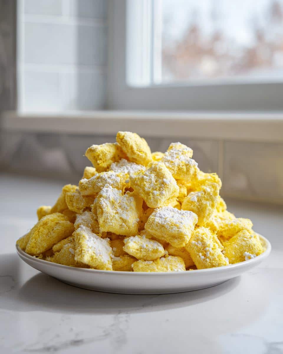 A large mound of bright yellow Lemon Puppy Chow coated in powdered sugar, served on a white plate.