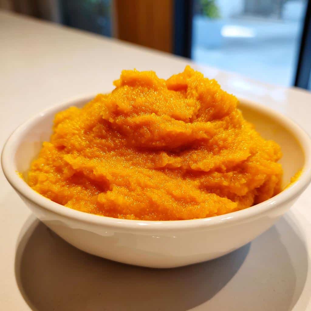 A close-up of bright orange, textured pumpkin puree served in a small white bowl, perfect for dog energy boosts.