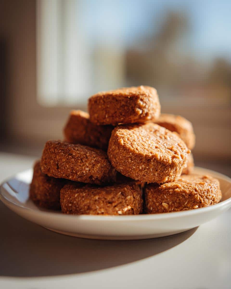 A stack of freshly baked, round butter oat dog treat biscuits piled on a small white plate.